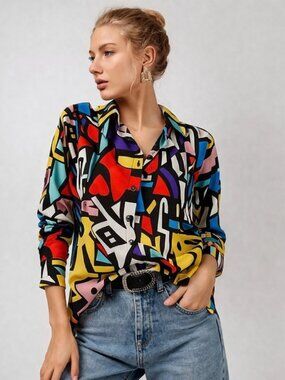 Colorful Blouse Top Button Front Blue Purple Pink Art Deco Retro Statement XL
